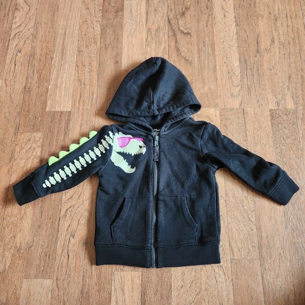 Cat & Jack Toddler Boy Black Dinosaur T-Rex Glow Zip Up Hoodie 3D Spikes 18M 551